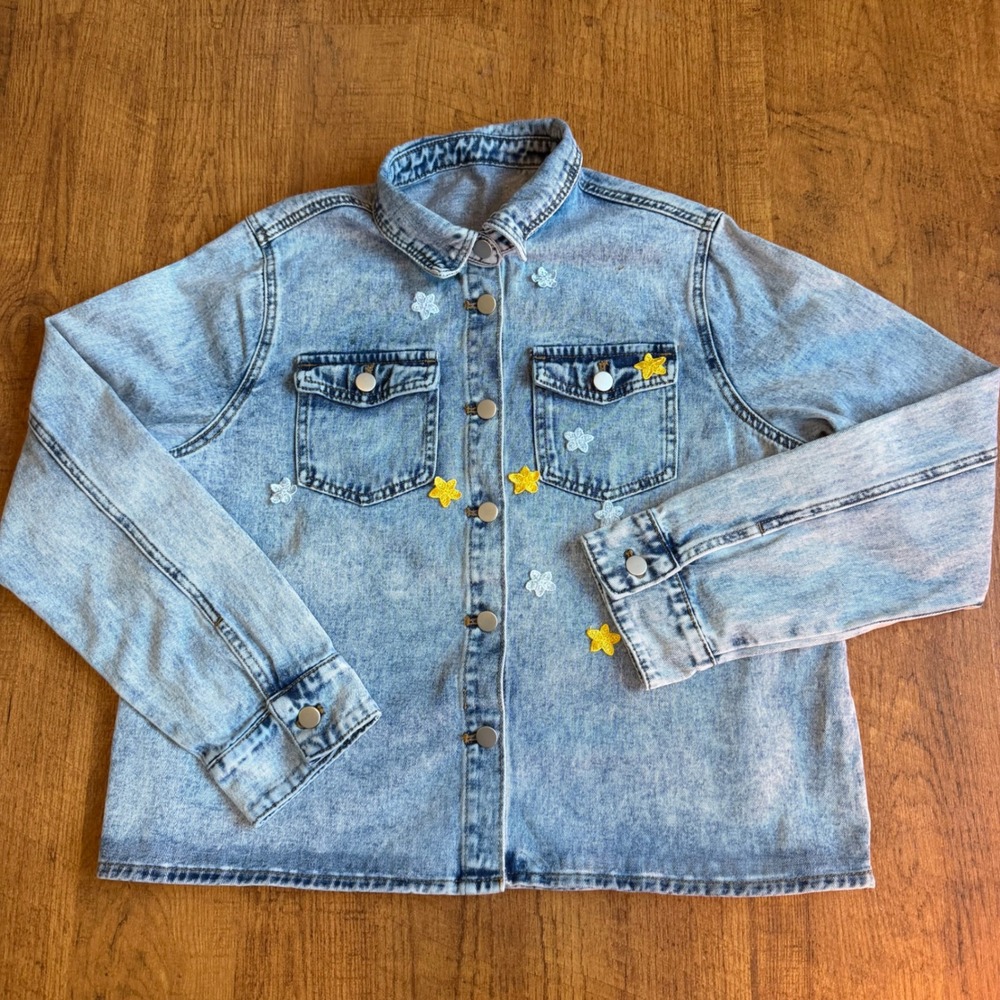 Anewsta Denim Shirt Women XL Blue Flower Star Patch Acid Wash Y2K Retro Shacket